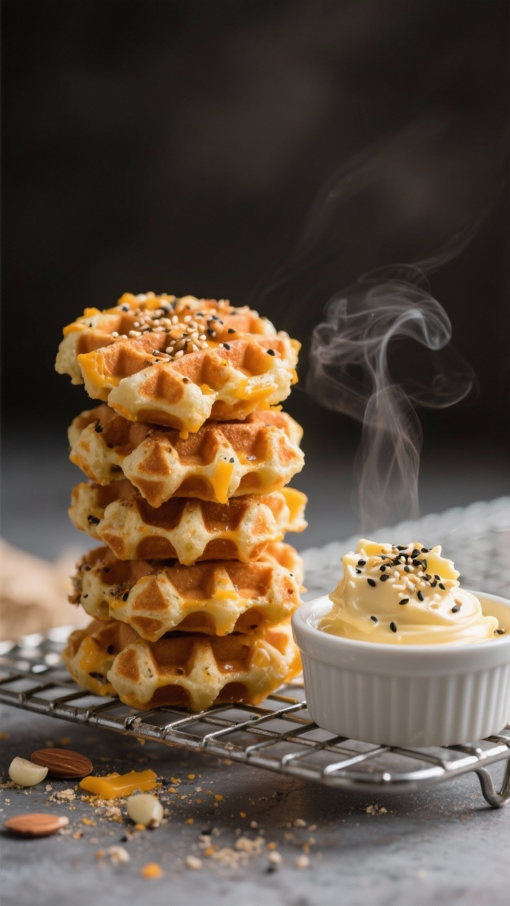 Straight-on close-up of cheddar chaffle bites stacked on a small wire rack: mini waffle rounds speckled with sharp cheddar, almond flour, baking powder, and garlic powder, edges crisp; a ramekin of everything bagel butter (melted butter mixed with everything bagel seasoning) melting over the top, visible sesame and poppy seeds; steam subtly rising, moody side light.
