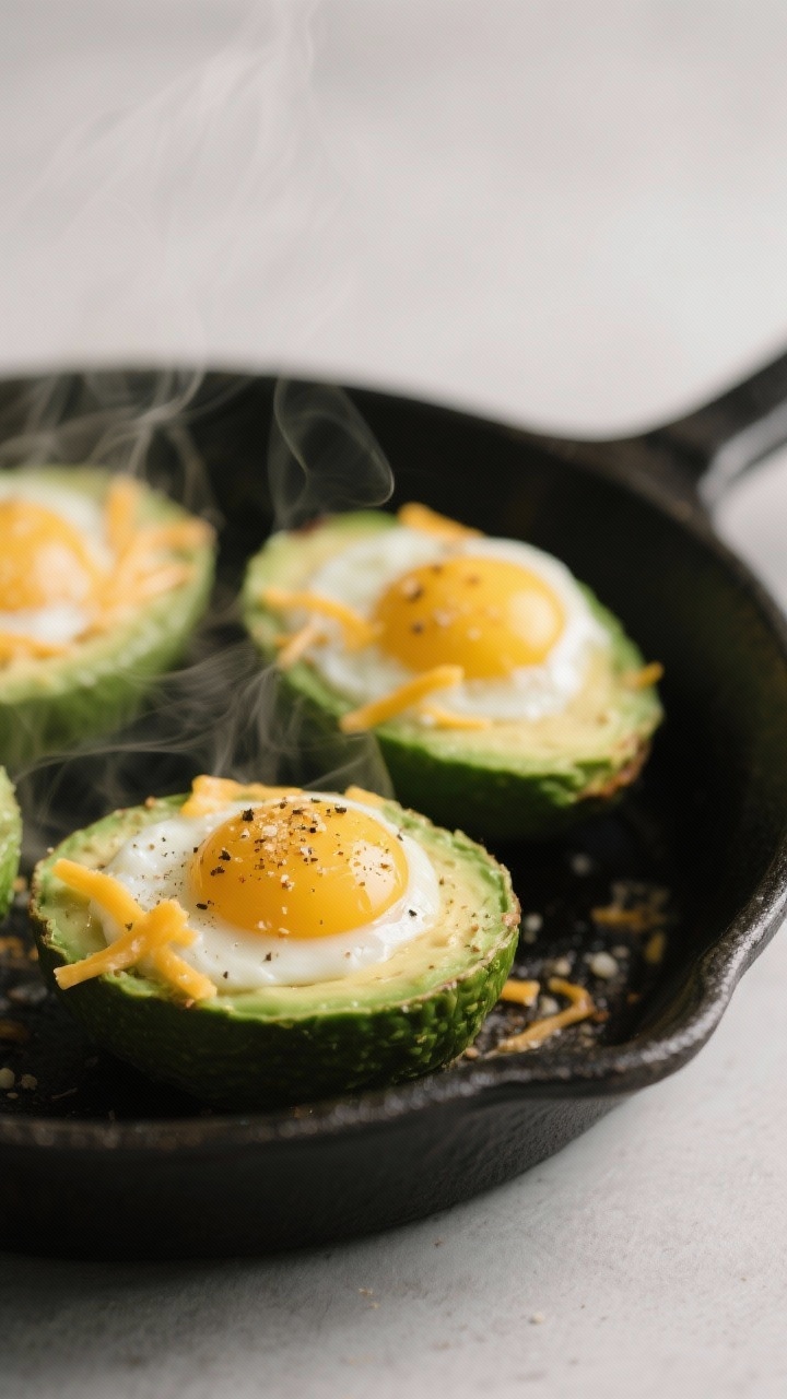 Straight-on close-up of creamy avocado egg cups just baked: ripe avocado halves cradling softly set eggs with a slight jiggle, enriched with heavy cream; sprinkled with garlic powder, onion powder, kosher salt, black pepper, and a light melt of shredded cheddar peeking over the egg whites; placed on a small cast-iron skillet, wisps of steam rising; neutral backdrop to highlight the vibrant green avocado and sunny yolks; tight focus on silky texture and melted cheese.