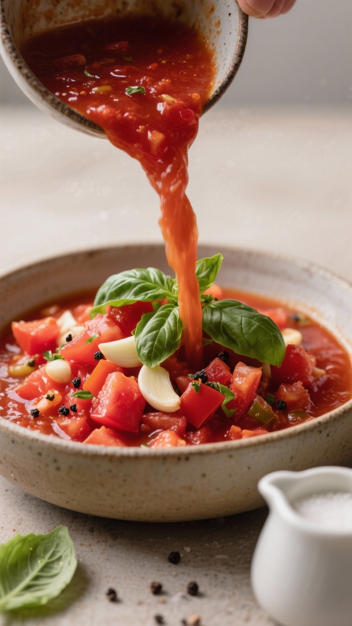 Straight-on close-up of Five-Ingredient Tomato Basil Blitz being poured into a bowl: chunky diced tomatoes melded with sliced garlic and vegetable broth, torn fresh basil leaves swirling on top; a pinch of black pepper and a tiny sugar bowl in frame; vibrant crimson color, glossy finish, minimal rustic styling.