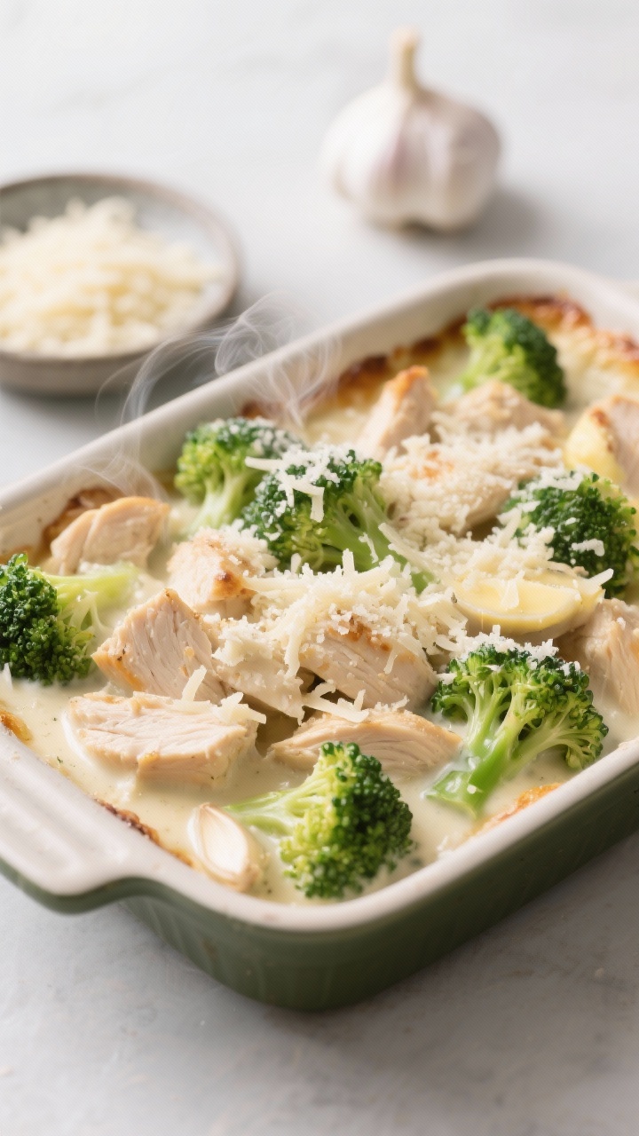 Straight-on close-up of Garlic Parmesan Chicken & Broccoli Bake in a small casserole: diced cooked chicken and crisp-tender broccoli florets cloaked in a glossy garlic cream sauce made from butter, minced garlic, heavy cream, chicken broth, and a touch of Dijon. Topped with a generous snowfall of grated Parmesan, lightly browned at the edges. Steam curls upward; broccoli vivid green, sauce silky and coating each piece. Minimalist backdrop with a small dish of grated Parmesan and a garlic bulb.