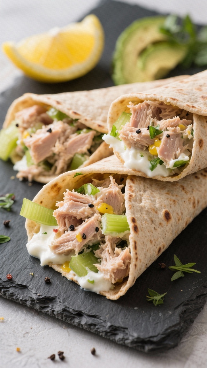 Straight-on close-up of High-Protein Tuna Crunch Salad Wraps: whole-grain tortillas filled with tuna mixed with Greek yogurt, a touch of olive oil or avocado oil mayo, Dijon mustard, lemon juice, finely diced celery; visible flecks of black pepper and fresh herbs; wraps sliced on the bias to show the creamy, chunky filling with crisp celery; set on a slate board with lemon wedges.