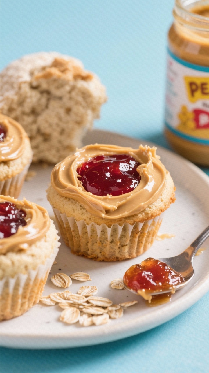 Straight-on close-up of peanut butter & jelly power muffins on a small plate, glossy swirl of natural peanut butter baked on top and a ruby jam center peeking out; ingredients styled around: white whole wheat flour, oat flour, baking powder, baking soda, salt, jar of natural peanut butter (or sunflower seed butter), spoon with jam drip; kids’ snack mood with bright backdrop, high contrast, tight focus on gooey PB&J texture.