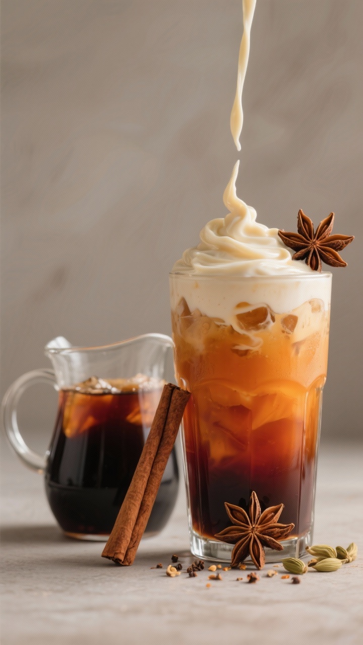 Straight-on, creamy Thai Iced Tea—Keto Style in a tall glass: layered deep orange-black tea infused with spices (cinnamon stick, star anise pods, lightly crushed cardamom) topped with a slow pour of keto-friendly creamy swirl, visible vanilla tint; star anise and a cinnamon stick leaning against the glass, the brewed black tea (from 4 bags in 2 1/2 cups hot water) in a small pitcher; rich, warm tones, glossy highlights, minimal background for a decadent café vibe.