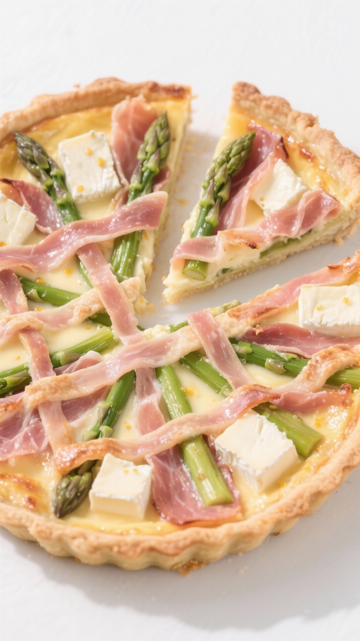 Straight-on, elegant slice display of a Prosciutto Lattice Crust Quiche with Asparagus and Brie: thin prosciutto woven into a tidy lattice crust, edges crisped and slightly translucent; interior shows tender thin asparagus spears arranged in a sunburst, creamy cubes of Brie with melted pockets, and a whisper of Dijon in the custard; one slice lifted to show the clean layers, with glossy custard set; minimalist white background to emphasize pink prosciutto, green asparagus, and ivory Brie.