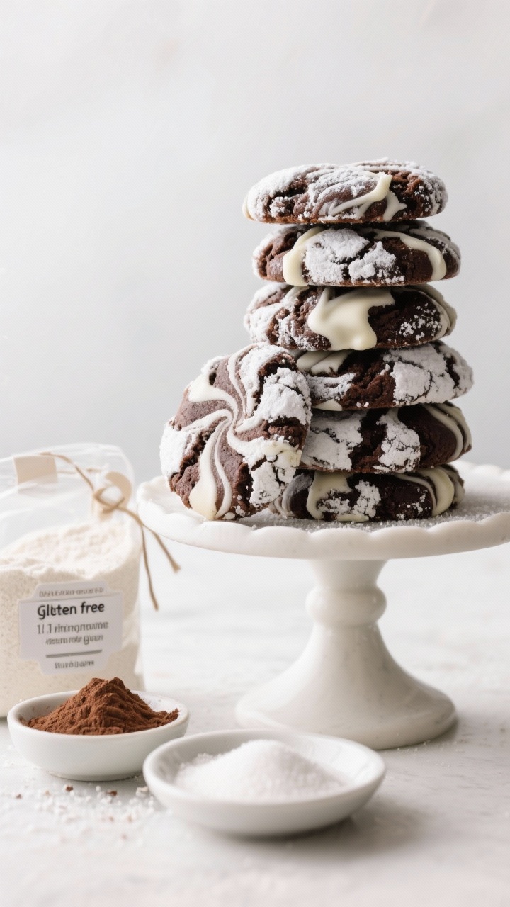 Straight-on final presentation: Gluten-free peppermint white chocolate swirl crinkle cookies stacked on a pedestal cake stand, the dark cocoa cookies marbled with visible ribbons of melted white chocolate and dusted in powdered sugar, crinkles pronounced. Include a small dish of gluten-free 1:1 baking flour (with xanthan gum noted on a tag), Dutch-process cocoa, baking powder, fine sea salt, and granulated sugar arranged at the base of the stand. Bright, crisp lighting to make the white chocolate swirls pop; neutral backdrop for a bakery-quality, gluten-free focus.