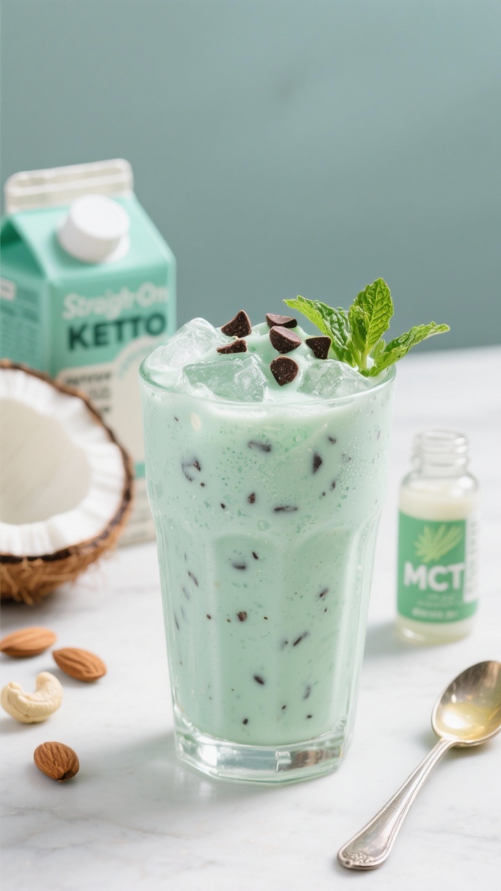 Straight-on frosty Mint Chip Keto Frappe, pale mint-green with flecks of dark chocolate chips visible throughout. Serve in a chilled glass with crushed ice texture, topped with a few extra chips and a tiny mint sprig. Surround with almond/cashew milk carton, a can of coconut milk (open), a small bottle of peppermint extract, and a spoon glistening with MCT/coconut oil. Clean, modern background with cool tones to amplify minty freshness.
