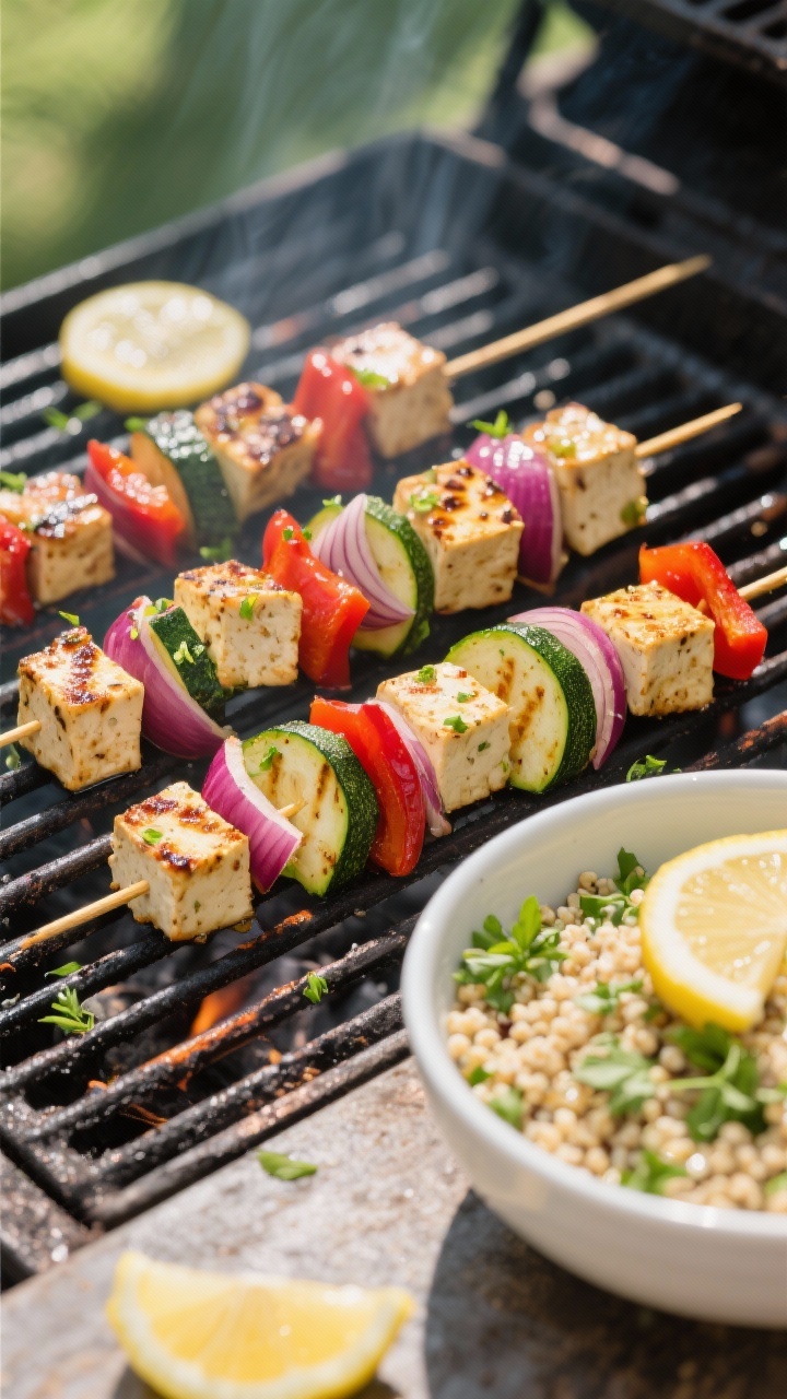 Straight-on grill scene: Mediterranean tofu skewers—marinated tofu cubes with lemon juice, zest, olive oil, garlic, threaded alongside chunky red onion, red bell pepper, and thick zucchini slices, grill marks pronounced; side bowl of lemon herb quinoa with parsley; bright daylight, outdoor grill grate visible for summery feel.