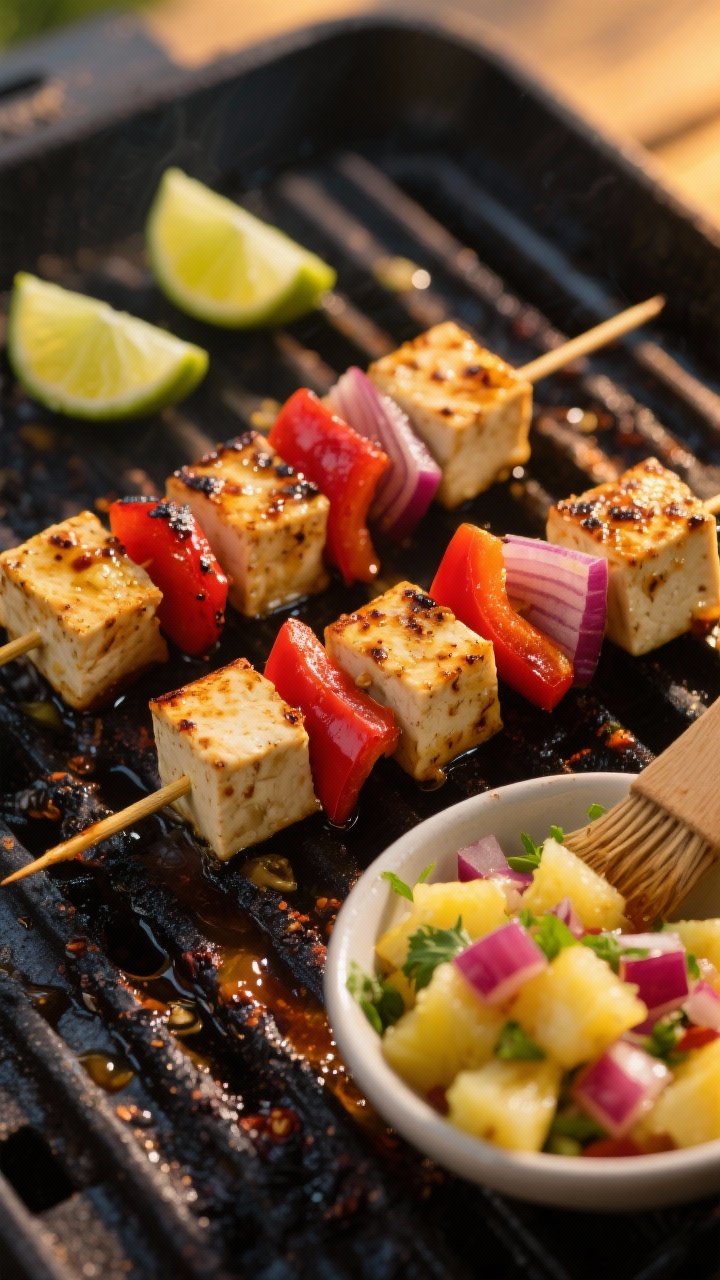 Straight-on grill scene of chili-lime tofu skewers with pineapple salsa: skewers threaded with 1-inch cubes of pressed extra-firm tofu, red bell pepper pieces, and red onion chunks, lacquered with a chili-lime-soy-olive oil marinade and seared with caramelized edges; a shallow bowl of fresh pineapple salsa (diced pineapple, red onion, cilantro, lime) glistening beside; charred grill marks prominent, lime halves and a basting brush in frame, evening golden light.