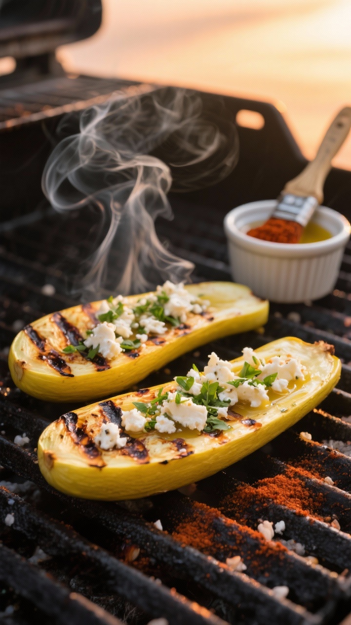 Straight-on grill-side action shot of smoky grilled summer squash boats: yellow squash halves brushed with olive oil and seasoned with smoked paprika, garlic powder, and kosher salt, charred and tender on grates, topped with crumbled feta and a sprinkle of chopped fresh herbs for crunch, a small ramekin of paprika and olive oil brush nearby, warm sunset light and wisps of smoke emphasizing the smoky flavor.