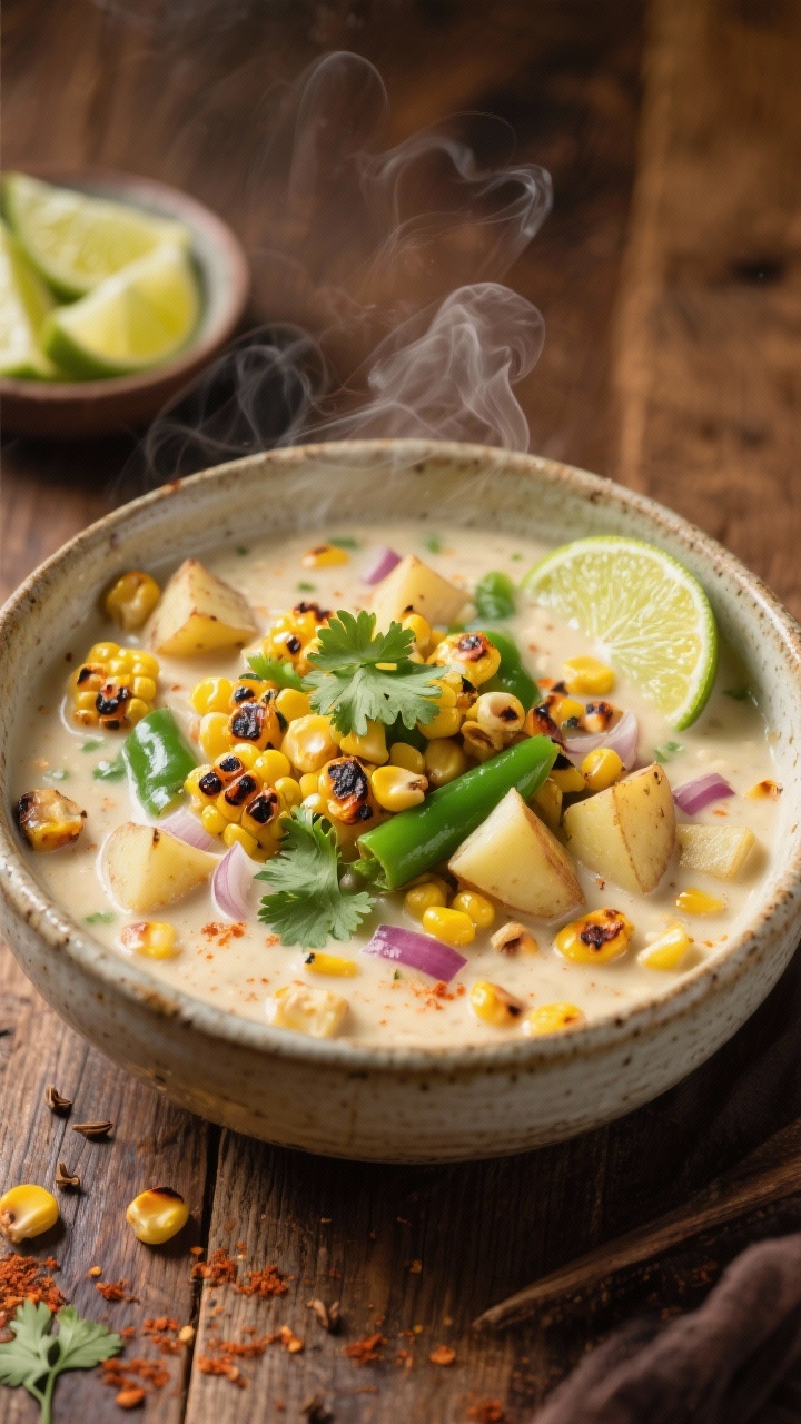 Straight-on hearty bowl of fire-roasted corn and potato chowder: creamy base studded with charred fire-roasted corn kernels, diced Yukon gold potatoes, poblano/green bell pepper, onion, cumin, smoked paprika; finished with fresh cilantro leaves and a wedge of lime on the rim; visible steam, rustic ceramic bowl on a wooden table with a small dish of lime wedges.