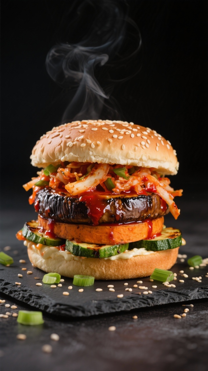 Straight-on hero shot of a Korean-style Gochujang Veggie Burger: toasted sesame bun stacked with a thick grilled portobello (or eggplant round) glazed in fiery gochujang, a caramelized sweet potato round, and seared zucchini thick tiles; crowned with a vibrant kimchi slaw spilling out, sesame seeds and scallions sprinkled around, glossy sheen and slight steam, set against a dark slate to amplify bold, spicy street-food energy.