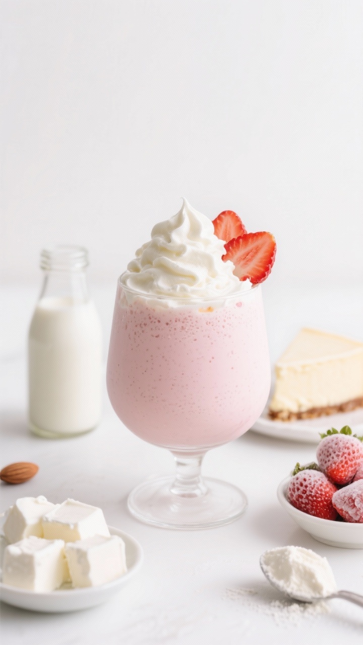 Straight-on hero shot of a strawberry cheesecake breakfast shake in a stemless glass, pale pink and ultra-creamy from Greek yogurt and cream cheese, crowned with a dollop of whipped texture and a few frozen strawberry slices on the rim. Ingredients styled nearby: unsweetened almond milk in a mini bottle, softened cream cheese cut into cubes, full-fat Greek yogurt in a small bowl, frozen strawberries with frost, and a scoop of unflavored/vanilla protein. Bright, dessert-like vibe, clean white background.