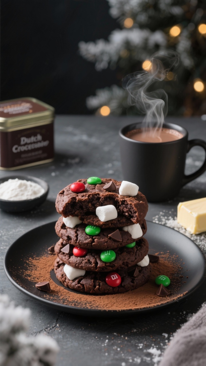 Straight-on hero shot of hot cocoa marshmallow M&M cookies stacked on a matte black plate beside a steaming mug of hot chocolate: dark, cocoa-rich cookies with a fudgy, brownie-like interior, gooey mini marshmallows peeking out, studded with red and green M&Ms and chocolate chips, a light dusting of cocoa powder on the surface. Include props: Dutch-process cocoa tin, a small dish of cornstarch, and a stick of room-temperature butter in the background. Moody winter lighting, soft steam visible, bokeh of tree lights in the distance.