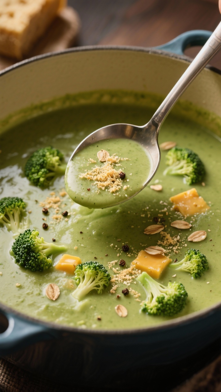 Straight-on ladle shot hovering over a pot of Creamy Broccoli “Cheddar” Without The Cheddar: lush green soup thickened with oat/almond milk and nutritional yeast; tiny broccoli crowns visible; sprinkled with nutritional yeast and cracked pepper; warm, cozy lighting.