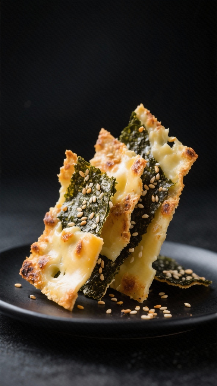 Straight-on macro of sesame nori cheese crackle: roasted nori sheets fused with melted aged cheddar/Gruyère and Parmesan, speckled with toasted sesame seeds and a hint of furikake. Pieces propped upright to show ultra-thin, crisp edges and blistered cheese texture. Dark matte plate on a charcoal backdrop for dramatic contrast, minimal props.