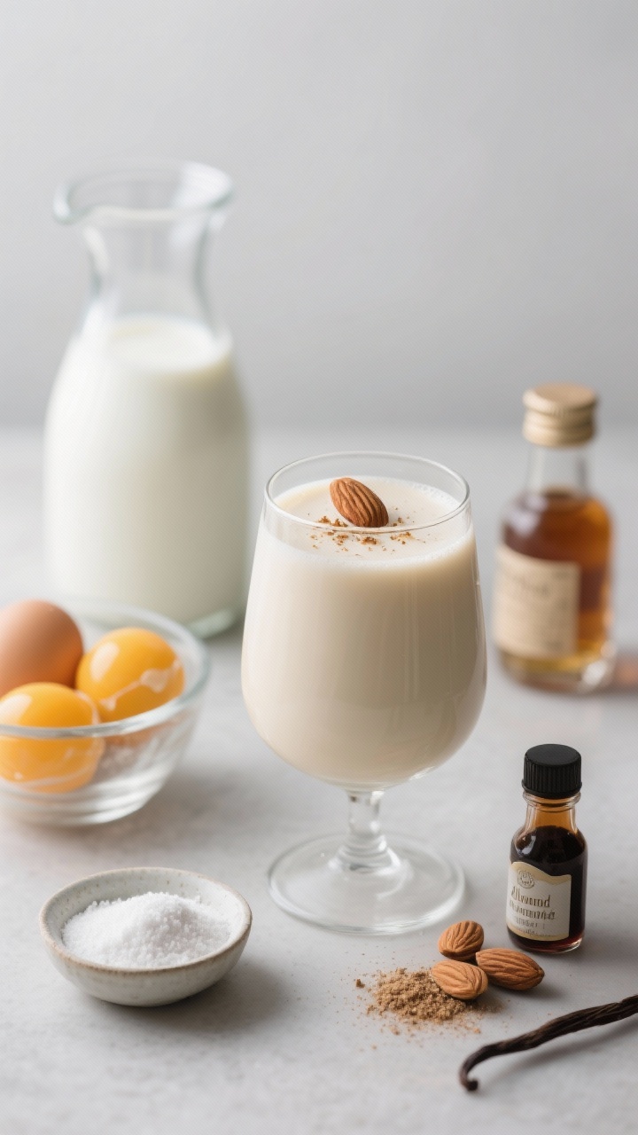 Straight-on minimal shot of dairy-free almond brandy eggnog in a chilled stemless glass, silky and light with a faint almond hue. Garnished with a thin almond slice and a whisper of nutmeg on top. Include nearby: unsweetened almond milk in a carafe, four egg yolks in a glass bowl, powdered allulose in a small dish, almond extract and vanilla extract bottles, ground nutmeg, and a small flask of brandy slightly blurred. Cool, clean lighting, matte background.