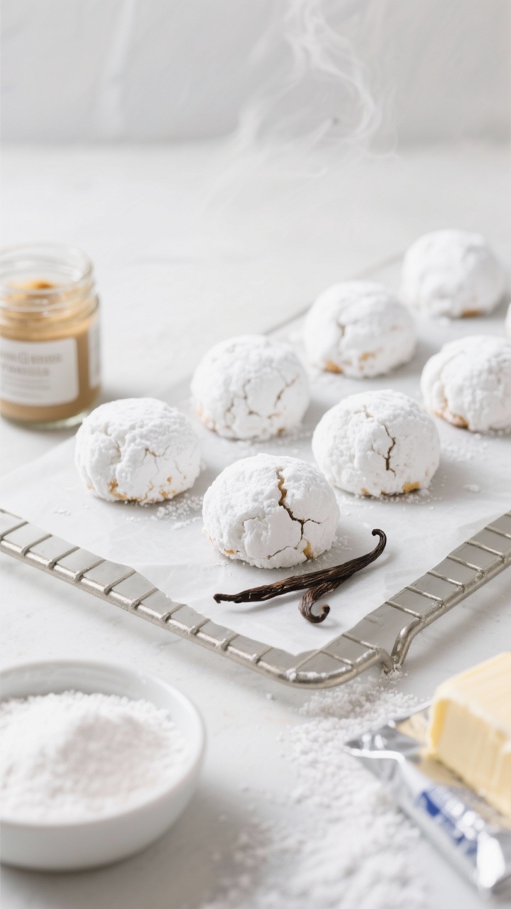 Straight-on minimal studio shot of Gluten-Free Vanilla Bean Snowballs: a neat row of ultra-white, powdered sugar-coated cookies on a parchment-lined cooling rack, with visible vanilla bean specks in a cracked cookie front and center. Include a jar of vanilla bean paste, a small bowl of superfine gluten-free flour blend, powdered sugar for rolling, and a butter wrapper. Bright, clean, high-key lighting to emphasize purity and delicate crumb, subtle steam/haze suggestion for warmth, no people.