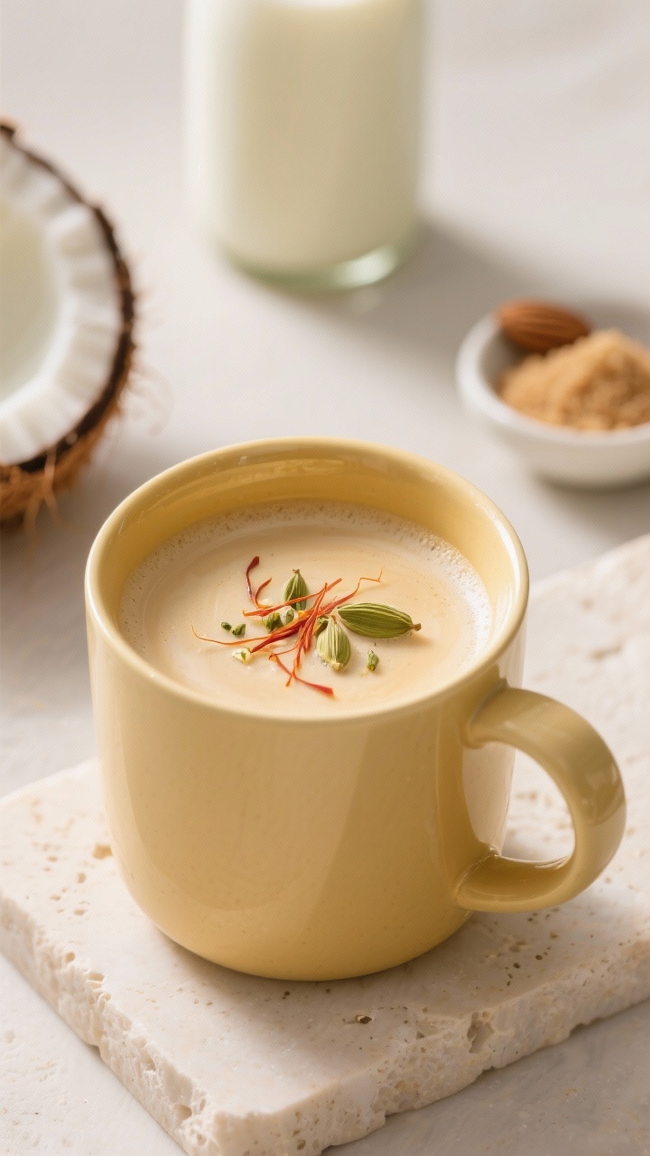 Straight-on minimalist portrait of a Coconut Cardamom Saffron Latte: pale golden cup with silky surface, thin strands of saffron and a few crushed green cardamom seeds sprinkled delicately on top; props include light coconut milk can and almond milk bottle partially out of frame, a small dish of maple sugar; bright yet warm lighting accentuating the golden glow, modern ceramic mug on light stone.