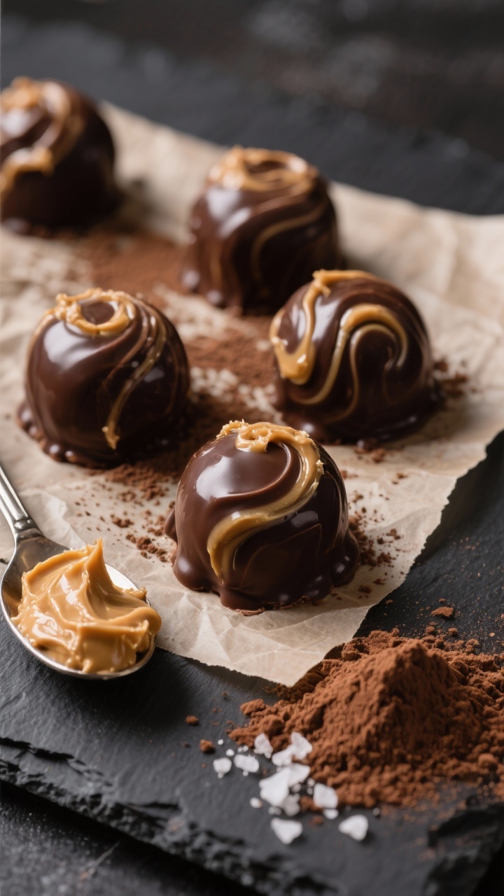 Straight-on, moody close-up of no-sugar chocolate peanut butter fat bombs: glossy, bite-sized rounds swirled with natural peanut butter, coconut oil, a touch of butter, and unsweetened cocoa powder, dusted lightly with extra cocoa. Arrange on a parchment-lined slate with a spoonful of peanut butter, cocoa powder mound, and a few coarse salt flakes for contrast. Soft side lighting to highlight the smooth, fudgy texture and rich chocolate-peanut tones.