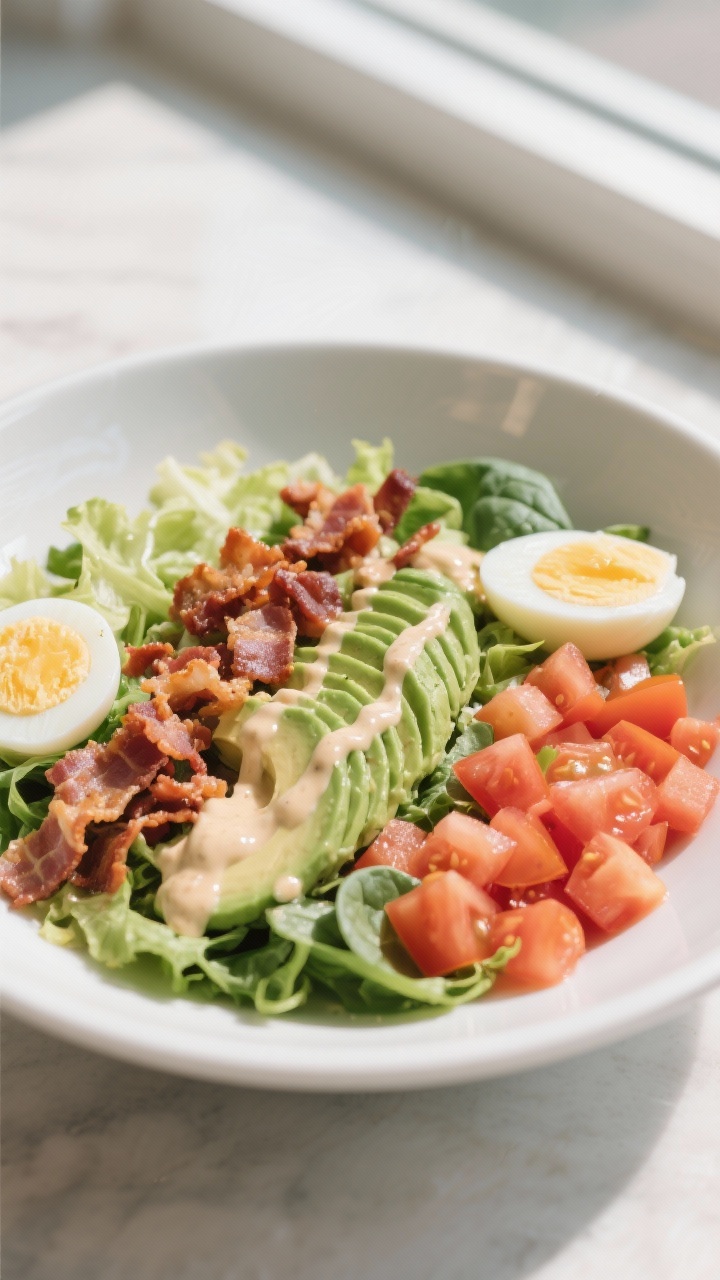 Straight-on plated BLT Cobb salad in a wide white bowl: neat rows of mixed greens (romaine and baby spinach), crisp crumbled bacon, diced ripe tomato, sliced avocado fanned, and halved hard-boiled eggs; glossy drizzle of creamy ranch vinaigrette pooling lightly; fresh, colorful, and crisp with natural window light and minimal props.