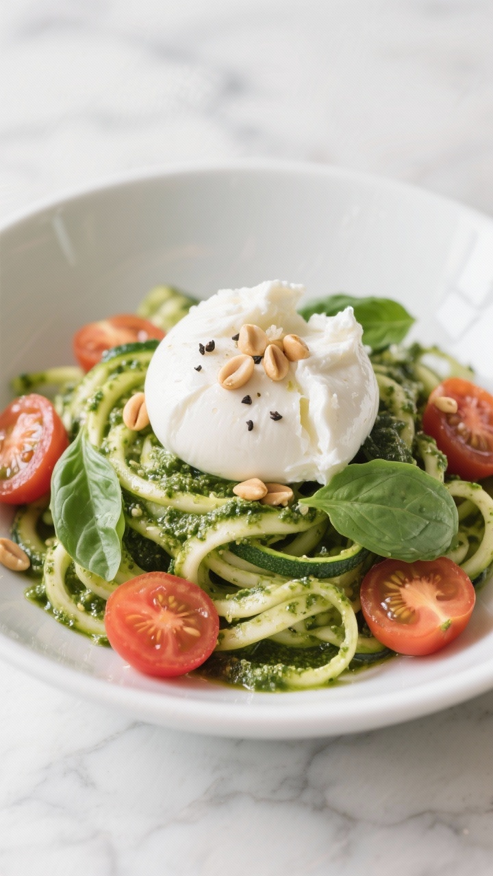 Straight-on plated bowl of caprese pesto zoodles: spiralized zucchini coated in glossy basil pesto, halved cherry tomatoes bursting with juice, torn fresh basil leaves, creamy burrata torn over the top, and toasted pine nuts sprinkled; a pinch of salt and black pepper visible; clean, bright Italian summer vibe on a matte white bowl against a pale marble background.