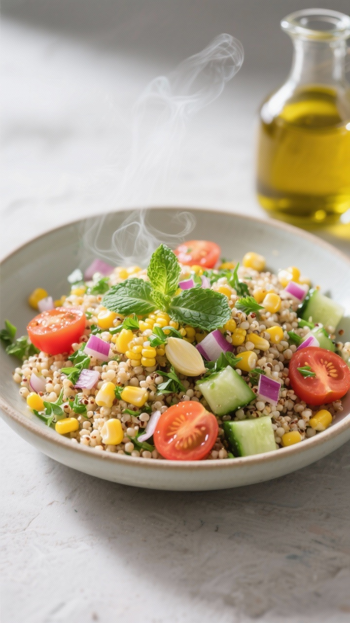 Straight-on plated herbed corn, tomato, and quinoa salad in a shallow rimmed bowl: fluffy quinoa base studded with corn kernels, halved cherry tomatoes, diced cucumber, finely chopped red onion, and a generous mix of fresh herbs (parsley, mint, basil), finished with a glossy garlic-lemon oil; subtle steam and a small carafe of infused oil beside the bowl, evoking a bright, wholesome feel