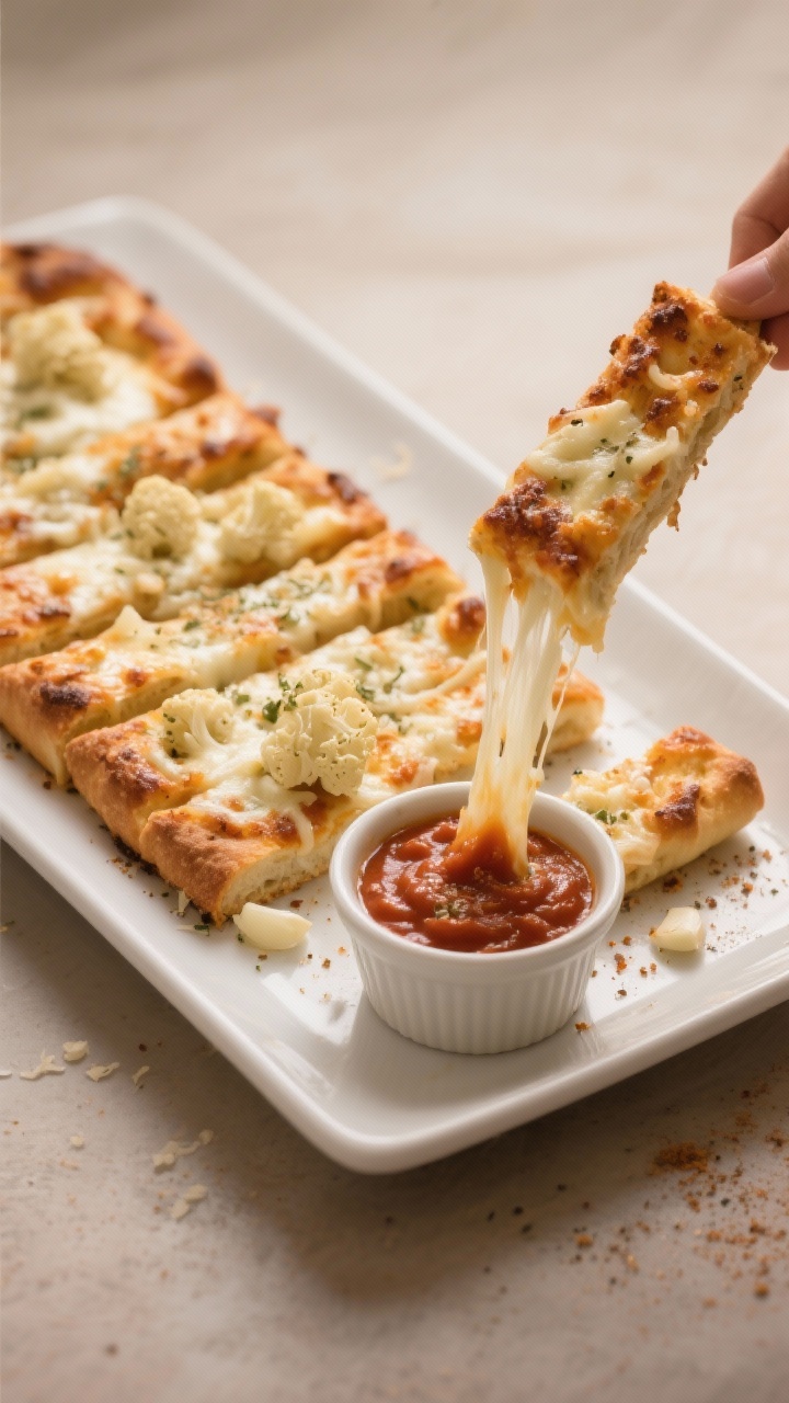 Straight-on plated hero shot of cheesy garlic cauliflower breadsticks: a rectangular “crust” topped with melted, slightly browned mozzarella and Parmesan, sliced into breadsticks and sprinkled with garlic and onion powder; stretchy cheese pull from one slice, served on a white rectangular platter with a ramekin of low-carb marinara; warm, cozy lighting to emphasize melty cheese and browned edges.