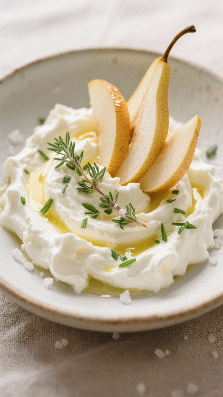 Straight-on plated presentation: A low ceramic bowl filled with ultra-smooth herbed whipped goat cheese and mascarpone, swooped into soft “clouds,” drizzled with extra-virgin olive oil, speckled with finely chopped fresh thyme and chives; paper-thin honeyed pear slices fanned on top with a glossy sheen, a few thyme sprigs scattered, tiny sea salt crystals visible; neutral linen backdrop, bright yet soft light, creamy whites and pale golds emphasizing pillowy texture.