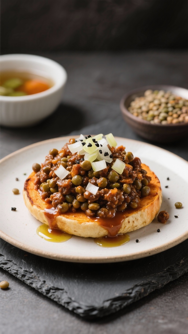 Straight-on plated presentation: BBQ lentil sloppy joes piled high on toasted sweet potato rounds, sticky sauce clinging to tender lentils; sprinkle of finely diced onion and black pepper on top, a brush of olive oil sheen on the sweet potato edges; set on a slate board with a small bowl of vegetable broth and dry lentils in background for context.
