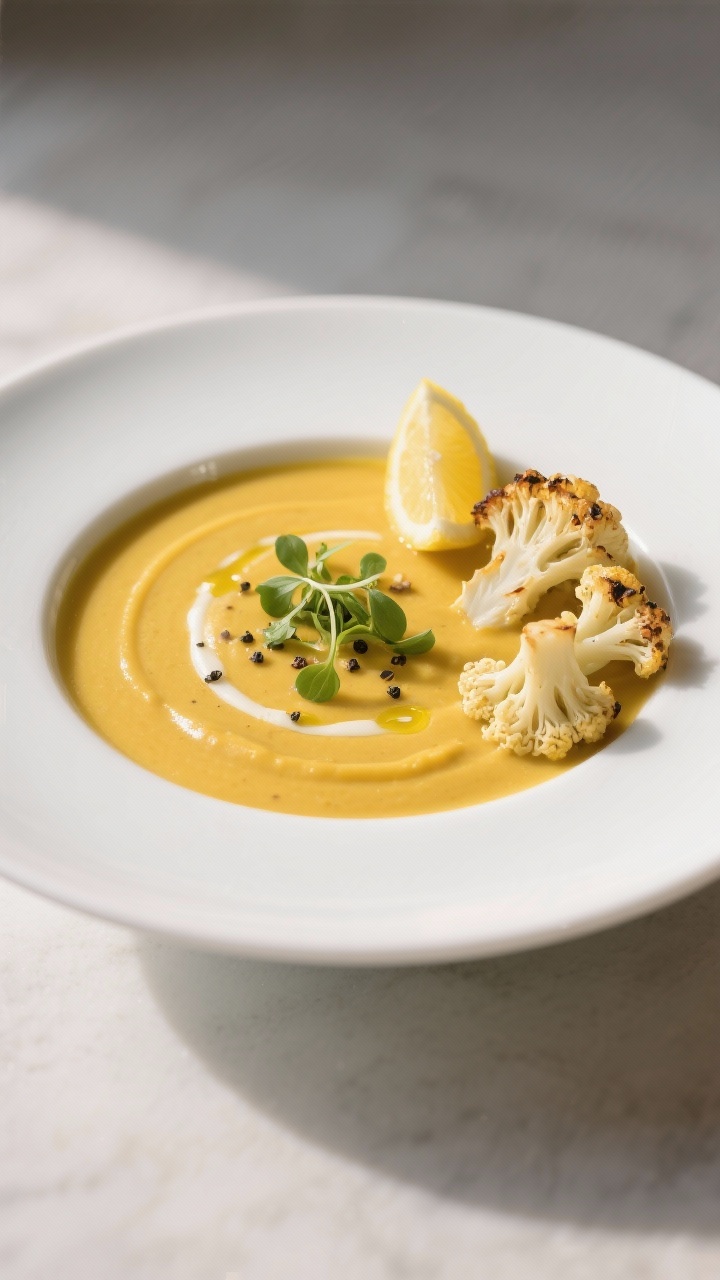 Straight-on plated presentation for Golden Cauliflower Alfredo Soup: silky, sun-gold puree from cauliflower, Yukon gold potato, garlic, and a hint of turmeric, poured into a wide white bowl with a luxurious sheen; topped with a whisper of olive oil, microgreens, and freshly ground pepper, with roasted cauliflower florets and a lemon wedge on the side to suggest brightness; clean minimal backdrop, soft diffused light, emphasizing shockingly rich, dairy-free creaminess.