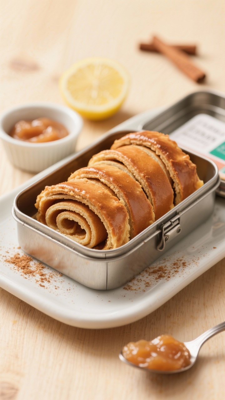Straight-on plated presentation of Apple Pie Lunchbox Leather rolled into tight spirals and stacked in a small bento-style container: warm amber-brown color, dusting of cinnamon and ginger nearby in pinch bowls, a spoonful of unsweetened applesauce and a small lemon wedge for context; clean school-lunch vibe, light wood surface, bright and inviting, crisp focus.