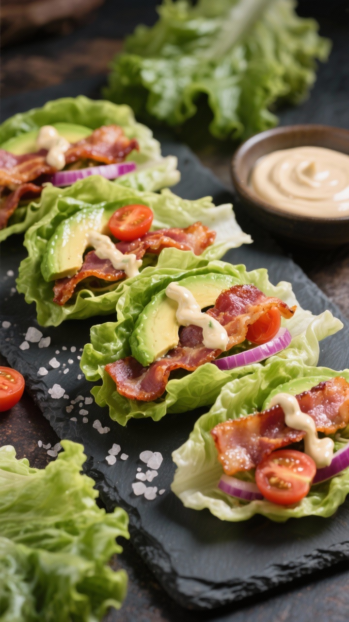 Straight-on plated presentation of avocado “BLT” lettuce wraps: crisp butter lettuce leaves cradling thick-cut bacon strips, creamy avocado slices, halved grape tomatoes, and thinly sliced red onion, all drizzled with glossy garlicky mayo. The wraps are arranged in a staggered row on a slate board, sea salt crystals visible, with extra lettuce leaves and a small bowl of mayo off to the side; vibrant colors pop, fresh and crunchy textures highlighted.