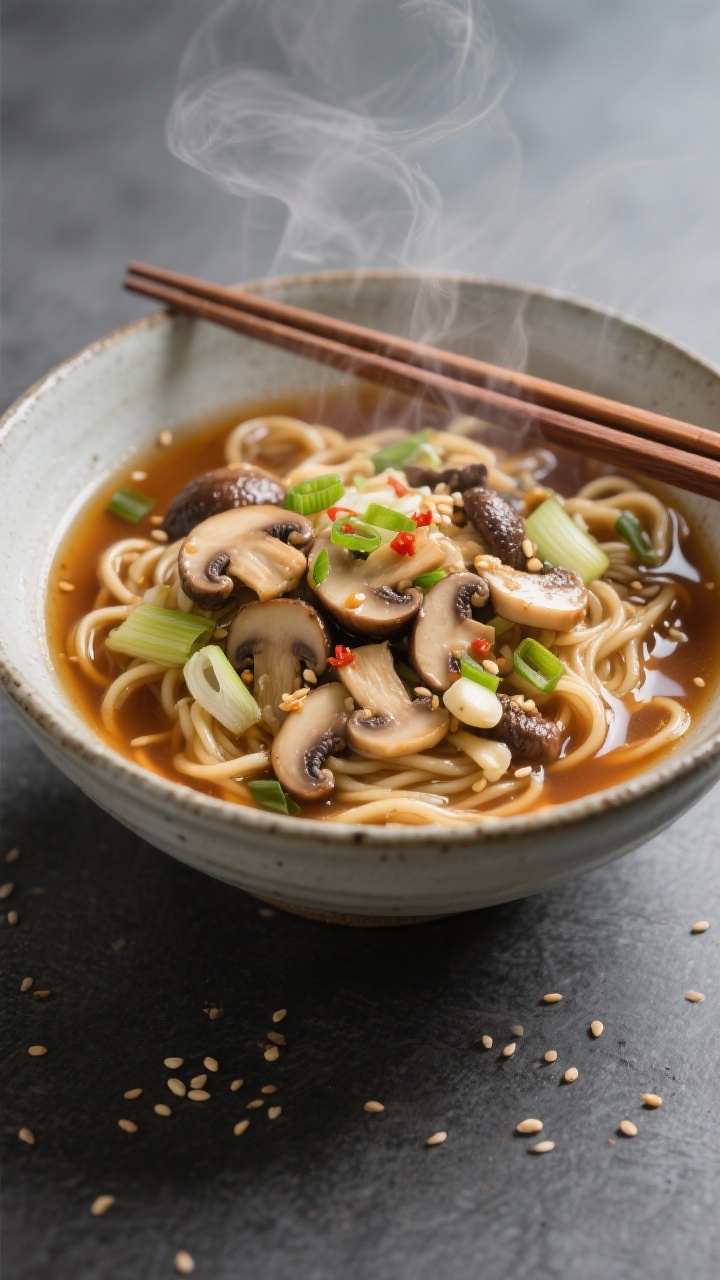 Straight-on plated presentation of Cozy Miso-Ginger Mushroom Noodle Soup in a deep ceramic bowl: glossy noodles nestled in a clear amber miso-ginger broth; a generous mix of sliced cremini, shiitake, and oyster mushrooms sautéed in toasted sesame oil with a hint of neutral oil, ribbons of thinly sliced leek (or onion), and minced garlic; garnished with scallions, a few drops of chili oil, and toasted sesame seeds; minimalist slate backdrop, gentle steam visible, elegant chopsticks resting across the bowl, refined, modern Japanese-inspired styling.