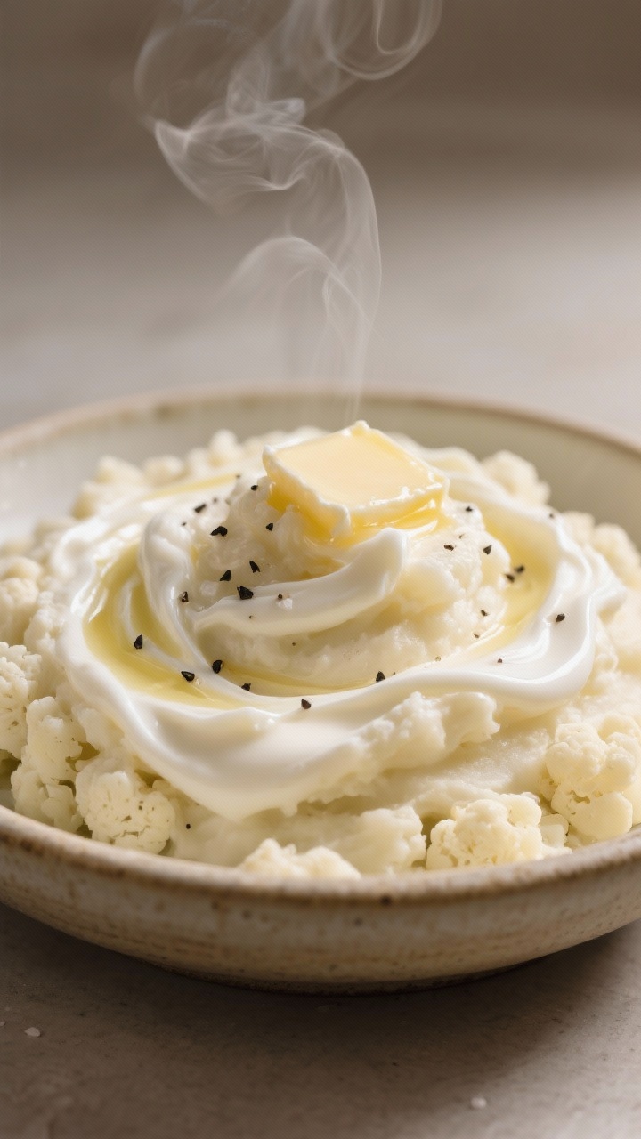 Straight-on plated presentation of Creamy Cauliflower Mash: ultra-smooth, cloud-like mash swirled into soft peaks in a shallow ceramic bowl, glossy from butter/ghee and a touch of cream cheese, ribbons of heavy cream folded in; finished with a pat of melting butter, cracked black pepper, and a sprinkle of sea salt; neutral-toned backdrop, steam subtly rising to convey warmth.