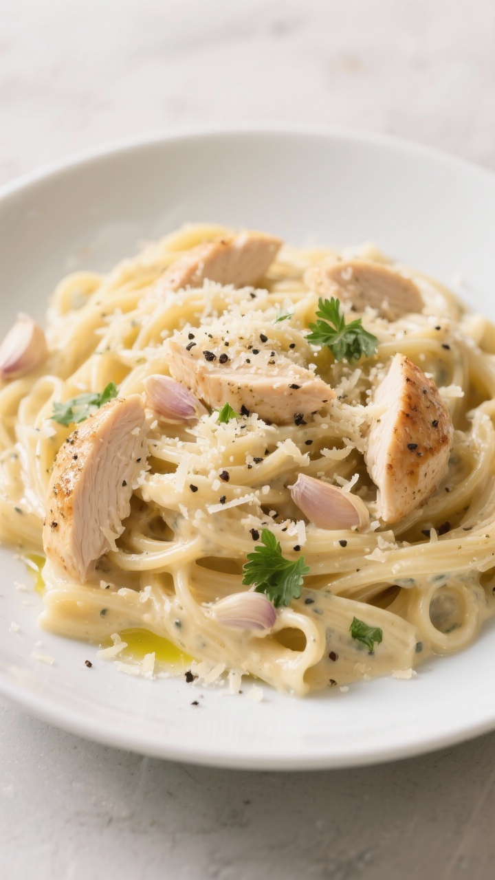 Straight-on plated presentation of Creamy Garlic Parmesan Chicken Pasta One-Pot Wonder: a shallow white bowl piled with al dente pasta coated in a luscious garlic-Parmesan cream, studded with bite-size seared chicken breast pieces seasoned with salt, pepper, and garlic powder; minced garlic visible, sauce clinging to noodles with tiny Parmesan granules; garnished with a shower of freshly grated Parmesan and cracked black pepper, a drizzle of olive oil, and a few torn parsley leaves; soft steam and cozy weeknight mood