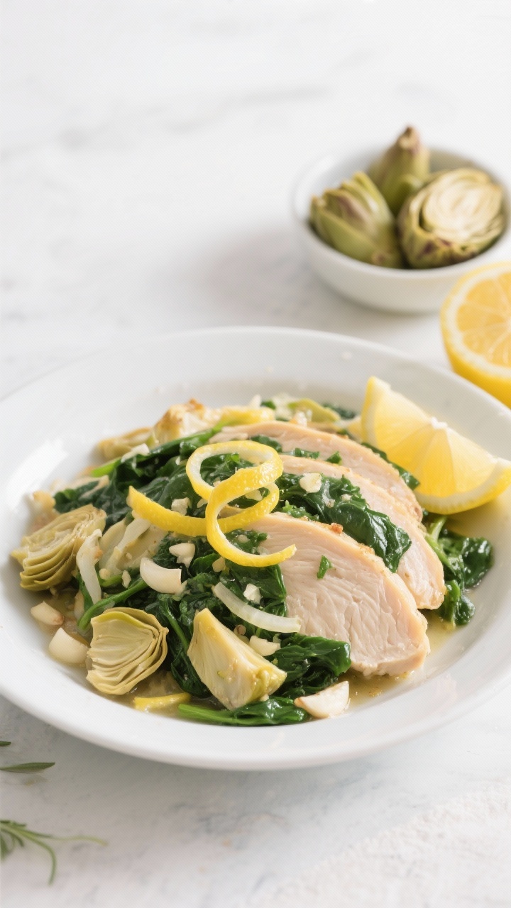 Straight-on plated presentation of Dairy-Light Lemon Artichoke Florentine Casserole: thinly sliced chicken breast layered with chopped fresh spinach, tender artichoke hearts, sautéed yellow onion, and minced garlic, all kissed with a bright lemony finish; served in a shallow white bowl with lemon zest curls and a wedge on the rim; clean, airy background with a small bowl of artichoke hearts and a halved lemon to the side, fresh and vibrant mood.