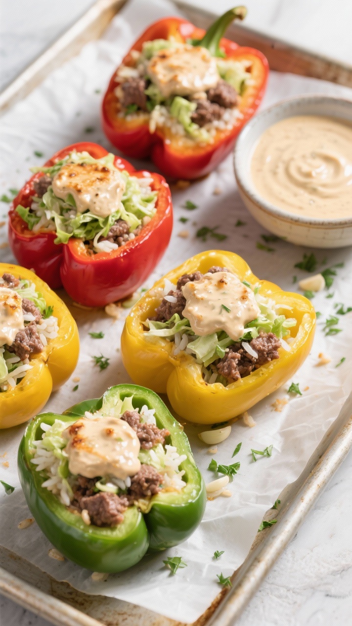 Straight-on plated presentation of four bell peppers, tops on the side, stuffed with a creamy mixture of ground beef, shredded green cabbage, finely chopped onion, minced garlic, and cooked rice; filling peeking out, lightly browned at the top with a glossy creaminess; peppers in assorted colors (red, yellow, green) on a parchment-lined baking tray, sprinkled with chopped herbs; a small bowl of extra creamy sauce in frame, bright, inviting daylight.