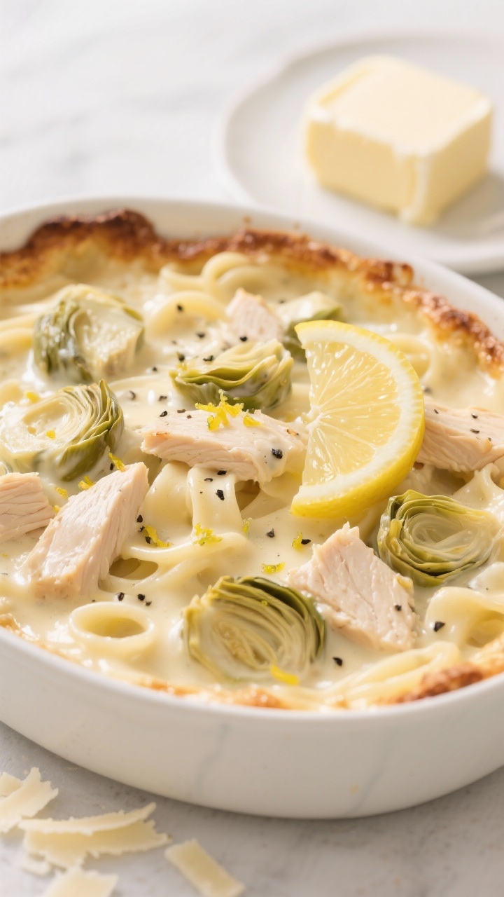Straight-on plated presentation of Lemon Artichoke Chicken Alfredo Casserole: chopped cooked chicken and quartered artichoke hearts bathed in a glossy Alfredo made from heavy cream, butter, minced garlic, and grated Parmesan, finished with bright lemon zest and a squeeze of juice. Served in a shallow off-white bowl with gently browned, gratinéed edges. Garnished with thin lemon slices and cracked black pepper, with extra Parmesan shavings and a butter pat in the background; clean, airy light for a fresh Mediterranean feel.
