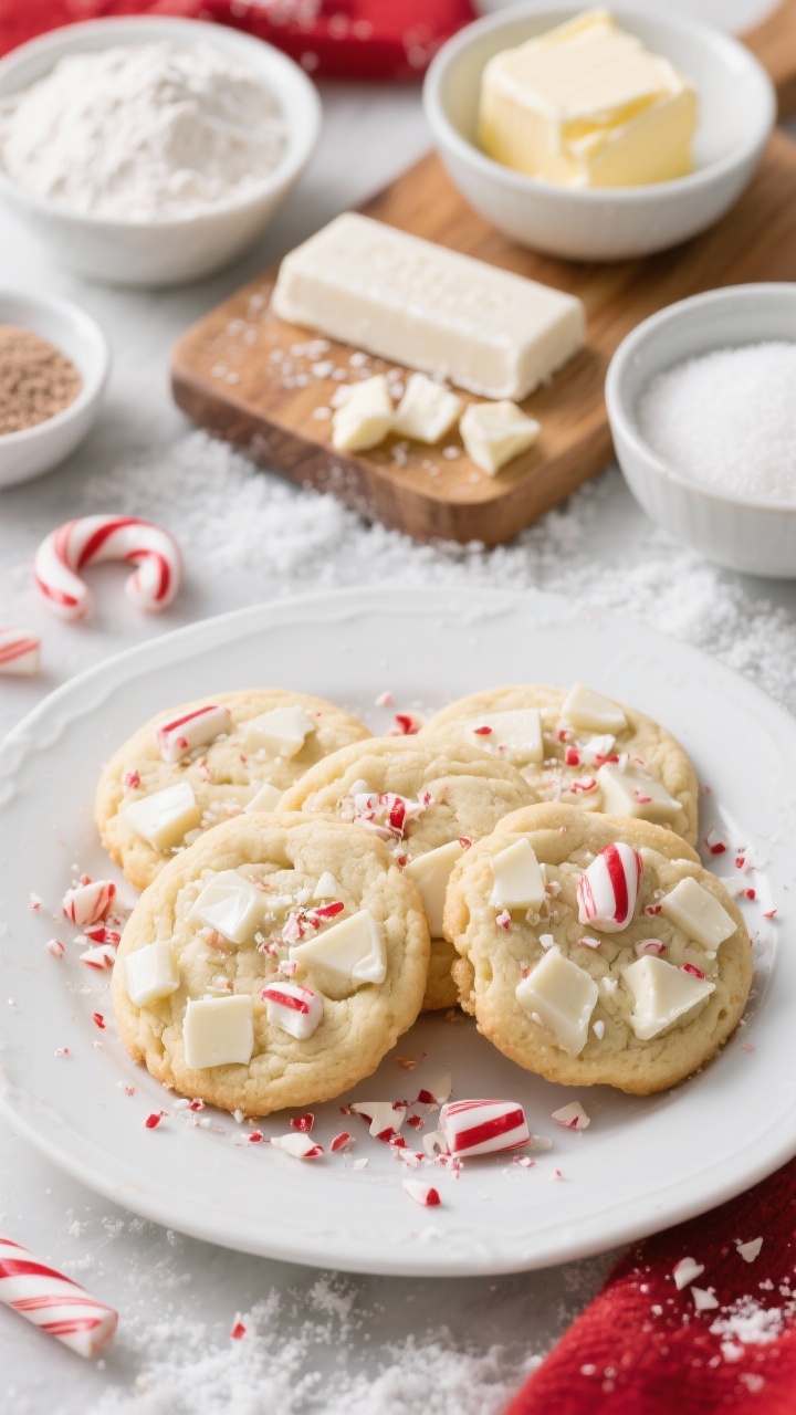 Straight-on plated presentation of Peppermint White Chocolate Sugar Cookies: pale golden cookies studded with glossy white chocolate chunks and crushed peppermint candy pieces on top, slight crinkle on the surface; a scattering of peppermint shards and a bar of white chocolate partially chopped on a cutting board; include bowls with all-purpose flour, baking powder, baking soda, fine sea salt, softened unsalted butter, and granulated sugar; cool wintery styling with red-and-white accents, crisp lighting to make the peppermint pop.