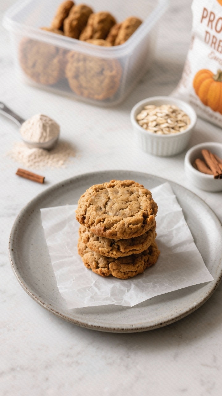 Straight-on plated presentation of Protein-Packed Pumpkin Spice Breakfast Cookies stacked three high on a matte stoneware plate, labeled meal-prep style: a parchment-lined storage container in the background with more cookies. Ingredients hinted on set: a scoop of vanilla protein powder with a small mound on the counter, quick oats and old-fashioned rolled oats in tiny ramekins, and a bag of spelt or whole wheat pastry flour partly in frame. Clean, modern kitchen aesthetic, soft side light to highlight protein-rich, hearty texture; appetizing, slightly chewy edges.
