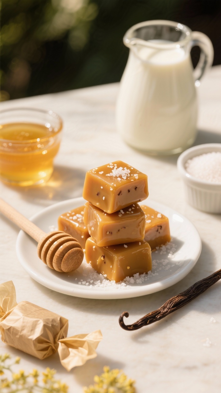 Straight-on plated presentation of salted honey caramels with visible vanilla bean specks sparkling on the surface, each piece sprinkled with delicate flaky sea salt. Stack a few caramels on a small white ceramic plate, others wrapped in wax paper nearby. Style with a honey dipper glistening with light clover/wildflower honey, granulated sugar in a ramekin, light corn syrup in a glass, a pitcher of heavy cream, and a split vanilla bean. Bright, sunlit scene with golden highlights to showcase the warm honey hue and luscious, soft-chewy texture.