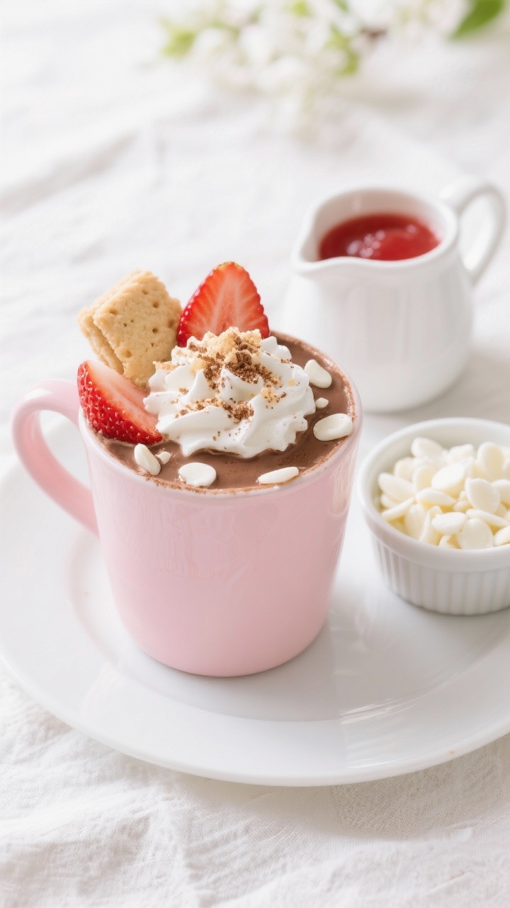 Straight-on plated presentation of Strawberry Shortcake Hot Cocoa: a pastel-pink cocoa made with whole milk and strawberry puree, lightly tinted by a touch of cocoa powder and enriched with melted white chocolate chips; topped with whipped cream, strawberry slices, and a sprinkle of crushed shortbread or vanilla cookie crumbs to suggest shortcake; a small pitcher of extra strawberry puree and a ramekin of white chips to the side; bright, airy spring mood on a light linen backdrop.