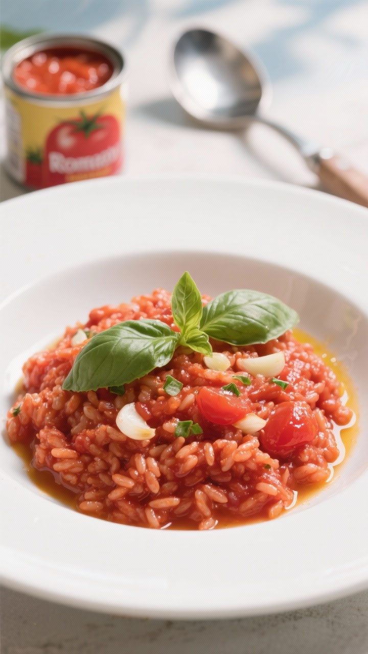 Straight-on plated presentation of tomato-basil risotto rosso: vivid red, glossy grains made with crushed tomatoes and vegetable broth, a sheen from olive oil, visible minced shallot and garlic, and a hint of dry white wine; topped with torn fresh basil and a drizzle of extra-virgin olive oil; served in a wide-rim white bowl against a summery backdrop with a can of crushed tomatoes and a ladle set behind.