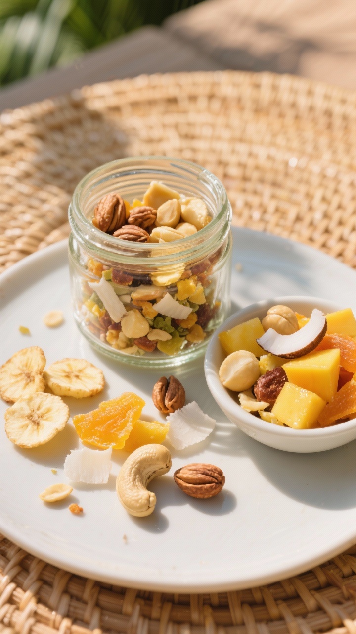 Straight-on plated presentation of Tropical Sunrise Mix in a clear glass jar with a small serving bowl beside it: roasted cashews, macadamia nuts, banana chips, chopped dried pineapple and mango, and unsweetened coconut flakes; a few pieces spilled artfully on a sunlit rattan mat, bright tropical colors, high contrast, glossy highlights on dried fruit, airy vacation mood.