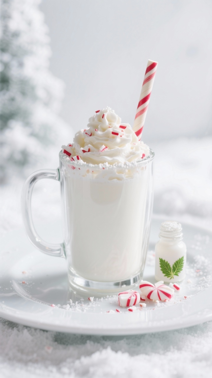 Straight-on plated presentation of White Chocolate Peppermint Dream in a white double-walled glass mug, snowy and glossy from 6 ounces finely chopped high-quality white chocolate melted into 4 cups whole milk (or 50/50 milk and heavy cream); topped with softly whipped cream, crushed peppermint candy edges, and a peppermint stick stirrer; subtle vanilla note implied with a small bottle of pure peppermint extract nearby, cool wintery backdrop, bright highlights, clean minimal styling