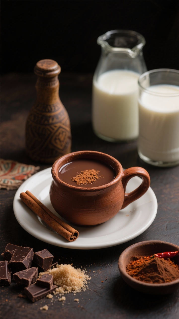 Straight-on plated presentation: Spiced Mexican-inspired hot chocolate served in a traditional clay mug, deep cocoa color with silky sheen; dusted with 1 tsp ground cinnamon and a whisper of cocoa, a cinnamon stick resting on the saucer; nearby ingredients include 4 cups whole milk (or evaporated milk blend) in a rustic bottle, 6 oz 70% dark chocolate chunks, grated piloncillo (or sugar), 2 tbsp cocoa powder, and a hint of chili powder in a pinch bowl to suggest heat; moody chiaroscuro lighting, cultural warmth, minimal props.