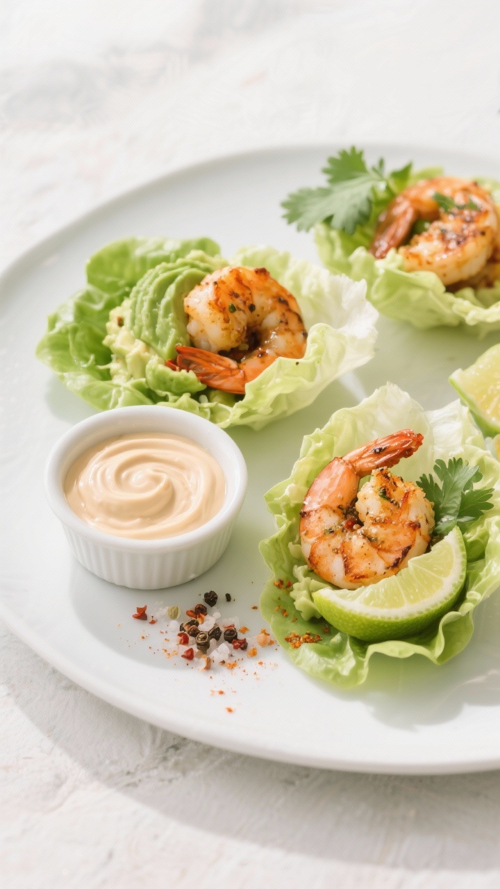 Straight-on plated shrimp lettuce cups: chili powder, cumin, and paprika-spiced shrimp with light char, tucked into crisp butter lettuce leaves; topped with avocado-lime crema swirls, fresh lime wedges, and a few cilantro leaves; small ramekin of extra crema on the side, salt and pepper flakes visible; bright zesty tones on a white ceramic platter with a soft, airy background.
