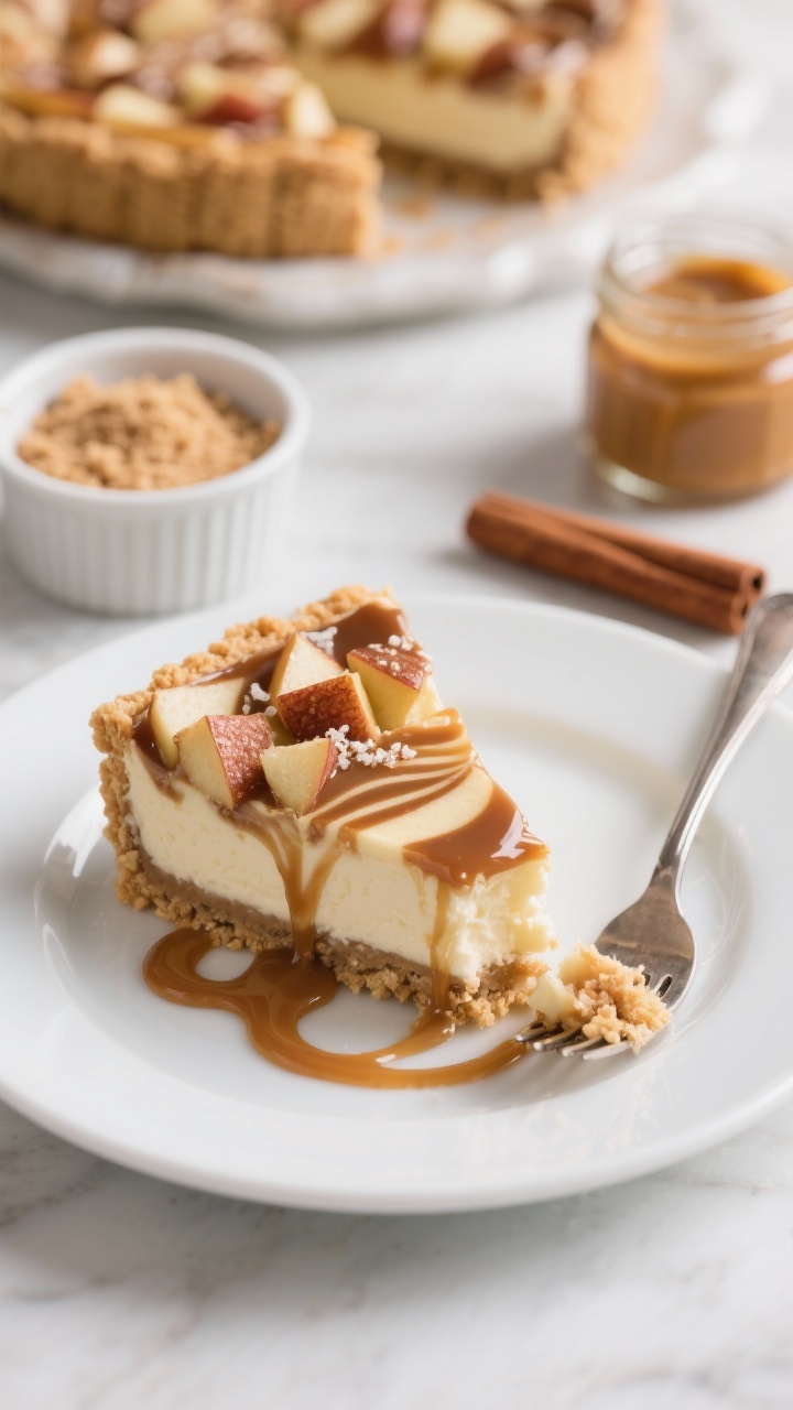 Straight-on, plated slice of Cheesecake Swirl Salted Caramel Apple Dessert Bars on a white dessert plate, showing distinct layers: buttery graham cracker crust (graham crumbs, sugar, melted unsalted butter, pinch of salt), creamy cheesecake swirl marbled through, cinnamon-browned diced apple layer (apples, brown sugar, cinnamon), and a lustrous salted caramel drizzle cascading down the sides; a fork with a bite revealing the swirl; background elements: ramekin of graham crumbs, jar of caramel, cinnamon stick; soft bokeh, elegant bakery vibe, warm highlights on the caramel.