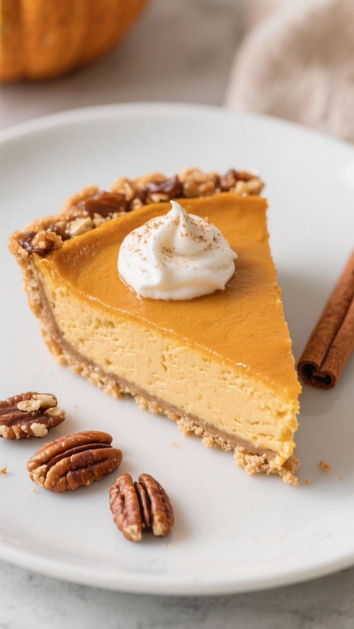 Straight-on plated slice of Maple-Pumpkin Chiffon Pie with pecan praline crust: airy pumpkin chiffon filling with warm maple hue, topped with a whisper of cinnamon and a dollop of lightly sweetened cream. The crust shows toasted pecan halves bound with almond flour, allulose/erythritol, cinnamon, salt, and melted butter, with a praline-like glossy crunch on the edge. Autumnal styling—subtle cinnamon stick and a few toasted pecans—soft, cozy light emphasizing silky and crunchy contrasts.