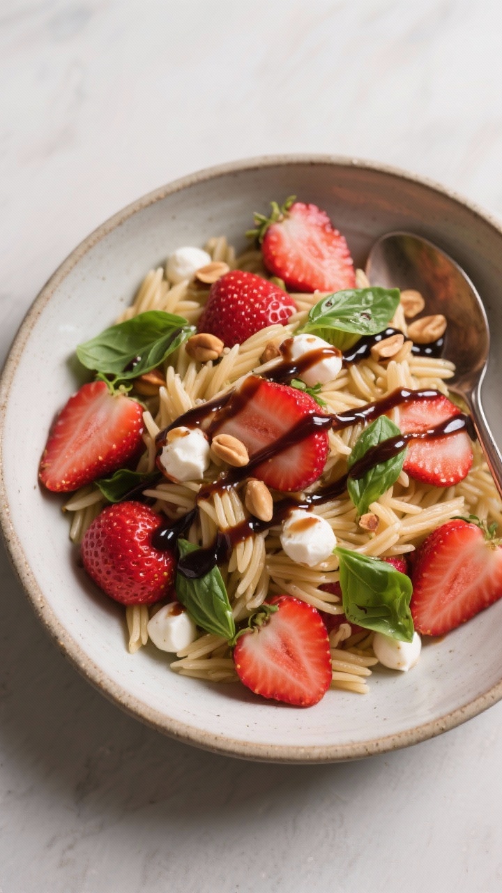 Straight-on plated strawberry basil pasta fruit salad: glossy orzo folded with halved strawberries, small mozzarella pearls, torn basil, and toasted pine nuts; a thin balsamic glaze drizzled in crosshatch over the top; served in a low, wide ceramic bowl with a spoon resting; vibrant reds and greens pop against neutral dishware, contemporary styling.